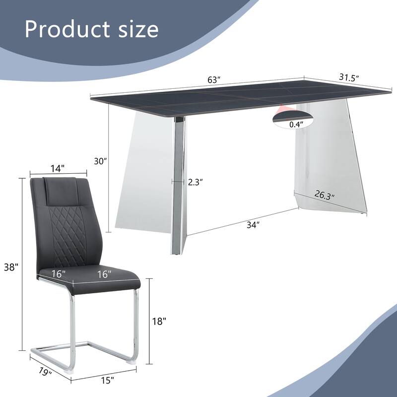 Roomfitters 7pcs Marble Pattern Dining Table Set with Stainless Butterfly Legs and PU Upholstered Chairs