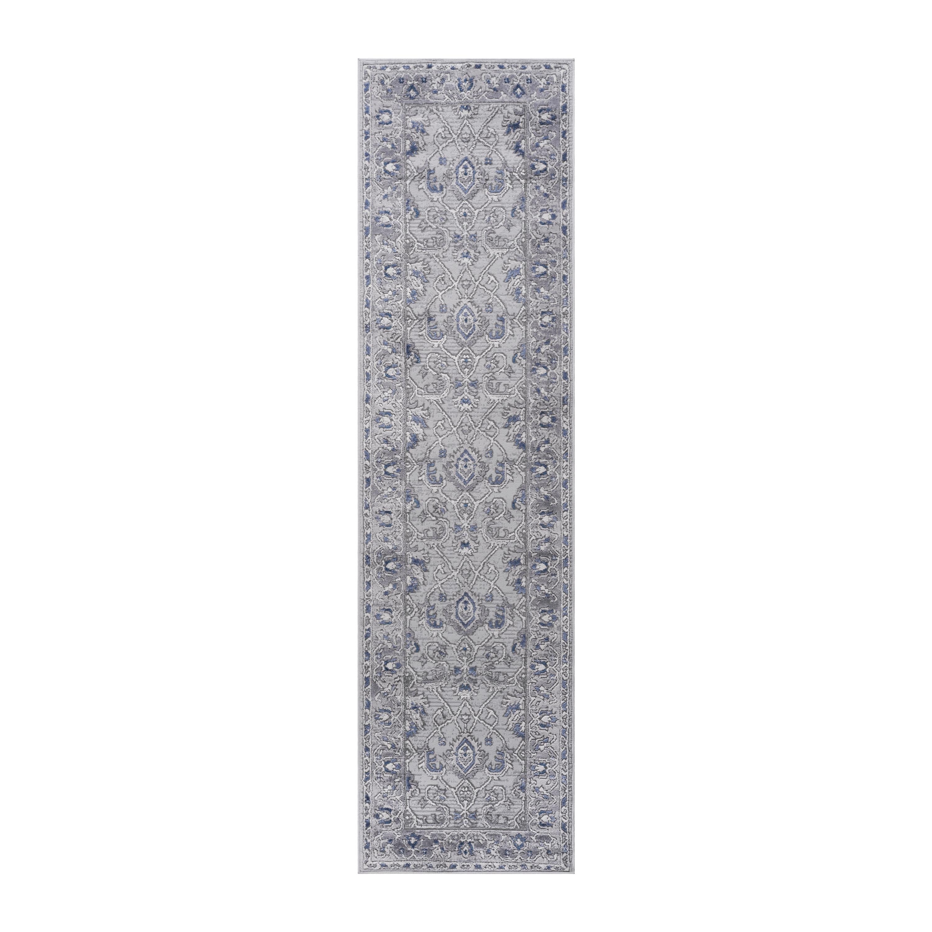 MARFI Collection 2X8 Grey / Blue / Oriental Non-Shedding Runner Rug - 96" D x 26" W x 0.35" H