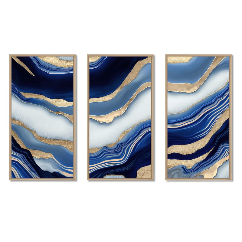 Designart "Vibrant Blue And Gold Flow Art III" Transitional Framed Canvas Art Print - 3 Panels