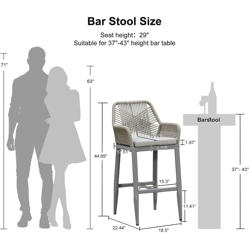 PURPLE LEAF Outdoor Bar Stools Chair Set of 2, All Weather Rattan and Aluminum Patio Bar Stool with Cushion