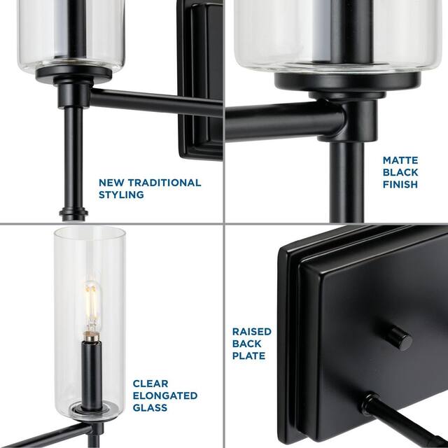 Elara Collection Three-Light Matte Black Clear Glass New Traditional Bath Vanity Light - 22.125 in x 5.12 in x 11.5 in