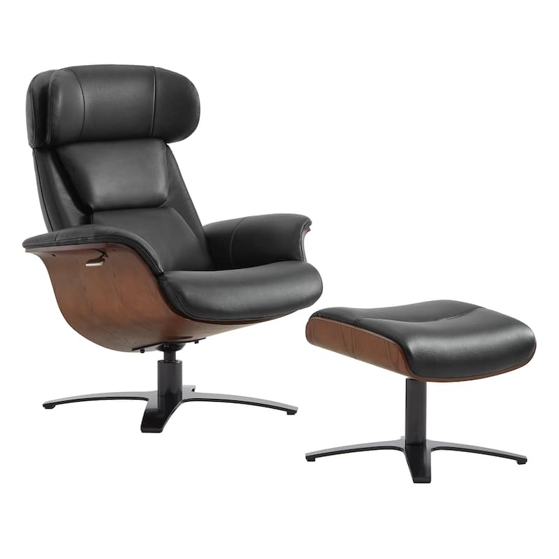 Spruce & Spring Leon Swivel Recliner Chair with Ottoman Set and Adjustable Headrest - Black-Leather