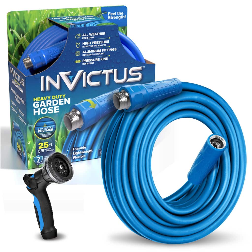 Invictus Heavy Duty Garden Hose with 10-Function Spray Nozzle - Lightweight, Kink-Free, 400 PSI High Pressure Hose