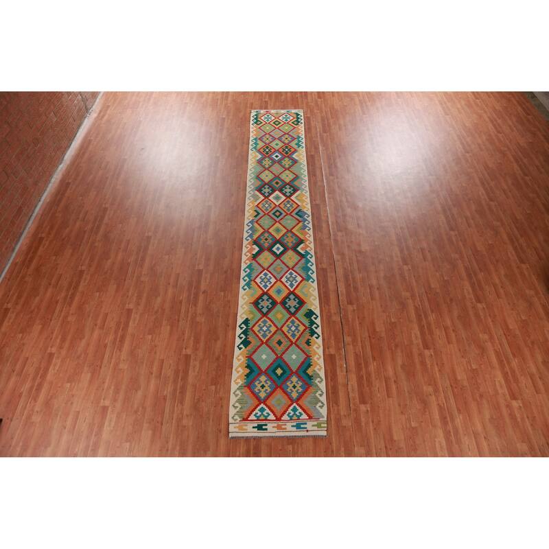 Geometric Kilim Oriental Runner Rug Hand-Woven Wool Carpet - 2'7" x 16'2"