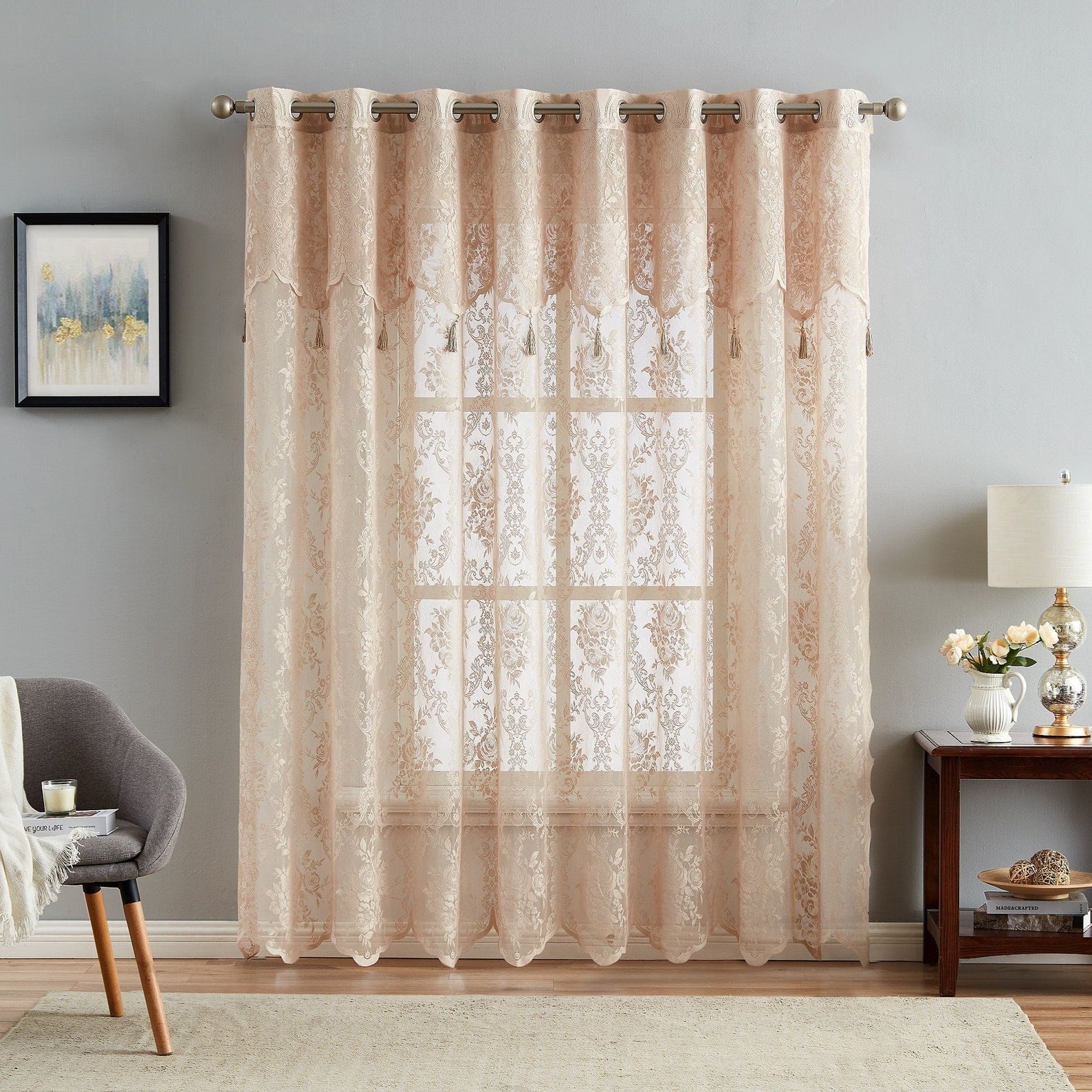 WARM HOME DESIGNS Lace Patio Door Curtain with Attached Valance On