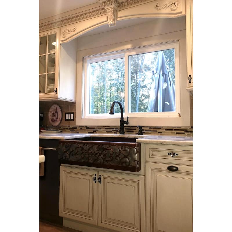 33-in Hammered Copper Apron Front Single Basin Kitchen Sink w/ Scroll Design and Nickel Background (KASDB33229S-NB)