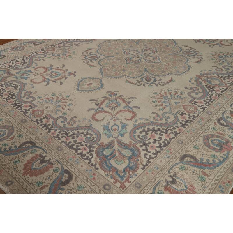 Medallion Tabriz Persian Area Rug Beige Hand-Knotted Wool Carpet - 9'5"x 12'3"