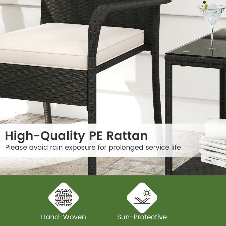 3 Piece Black PE Rattan Patio Set with Metal Frame, Cushions and Glass Table - Chair: 23" x 22.5" x 35"