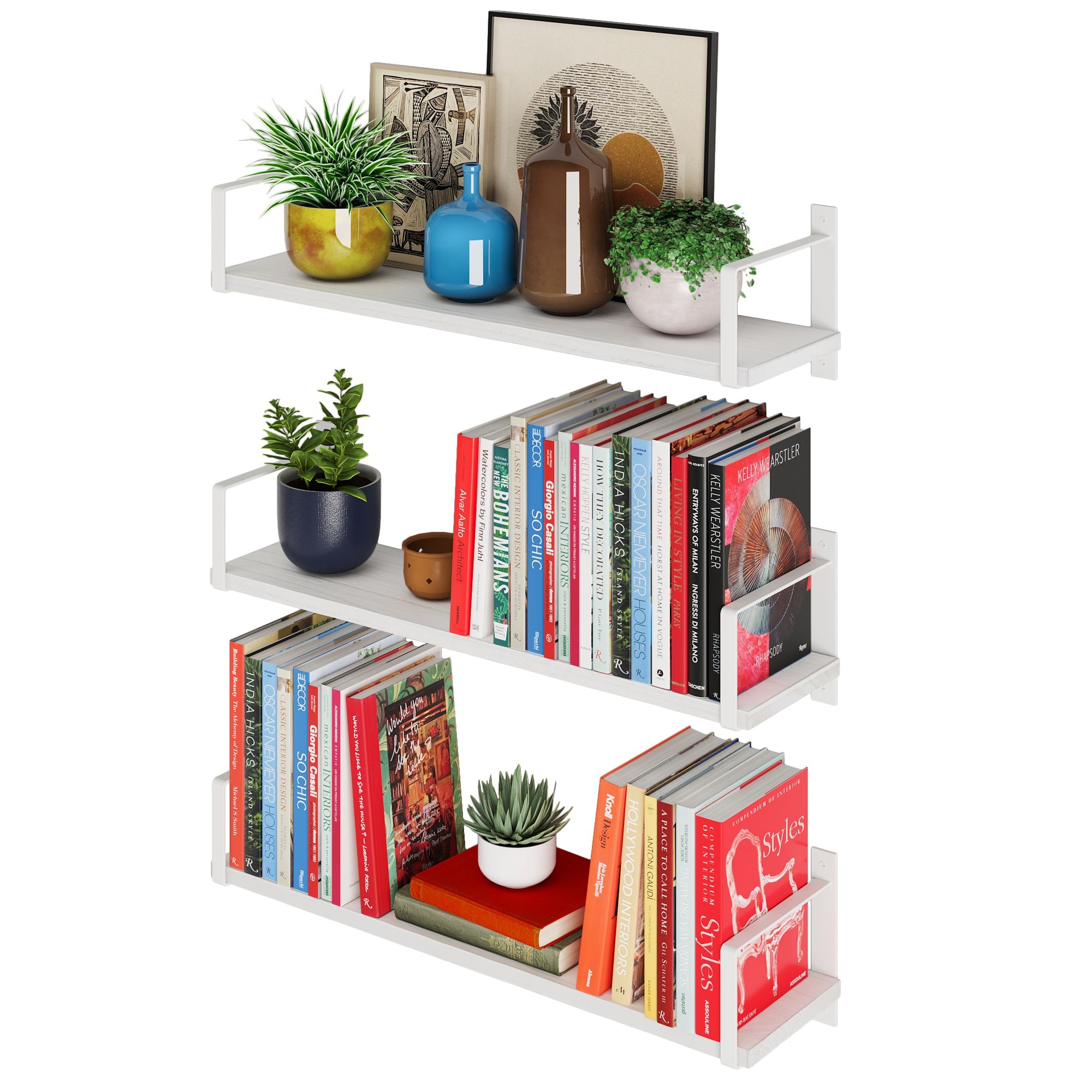 Wallniture Toledo Wooden Floating Shelves with White Brackets