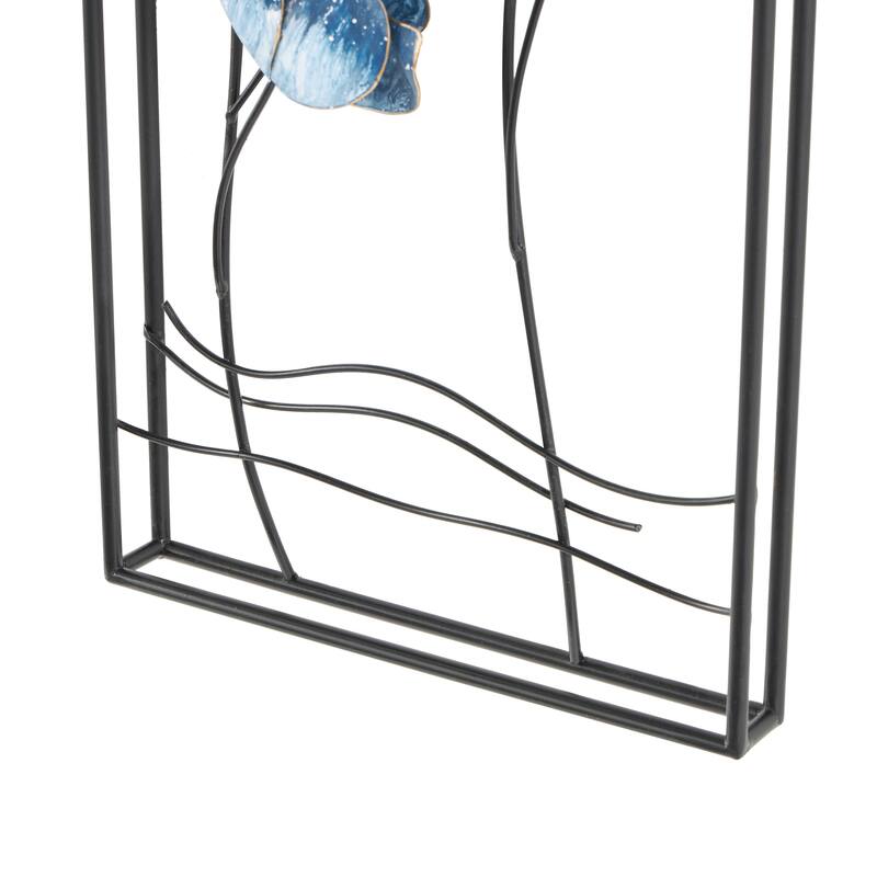 Blue Metal Floral Living Room Wall Decor with Black Metal Stems and Frame (Set of 2)