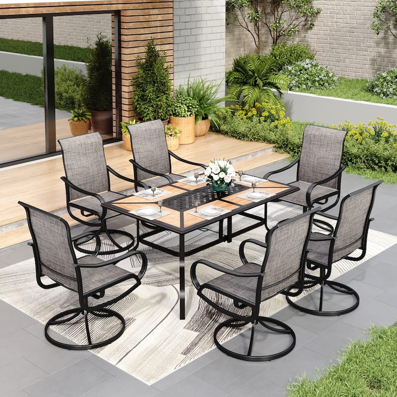 MAISON ARTS 7 PCS Outdoor Patio Dining Set with High Back Textilene Swivel Chair and a Wood Grain Table with Umbrella Hole