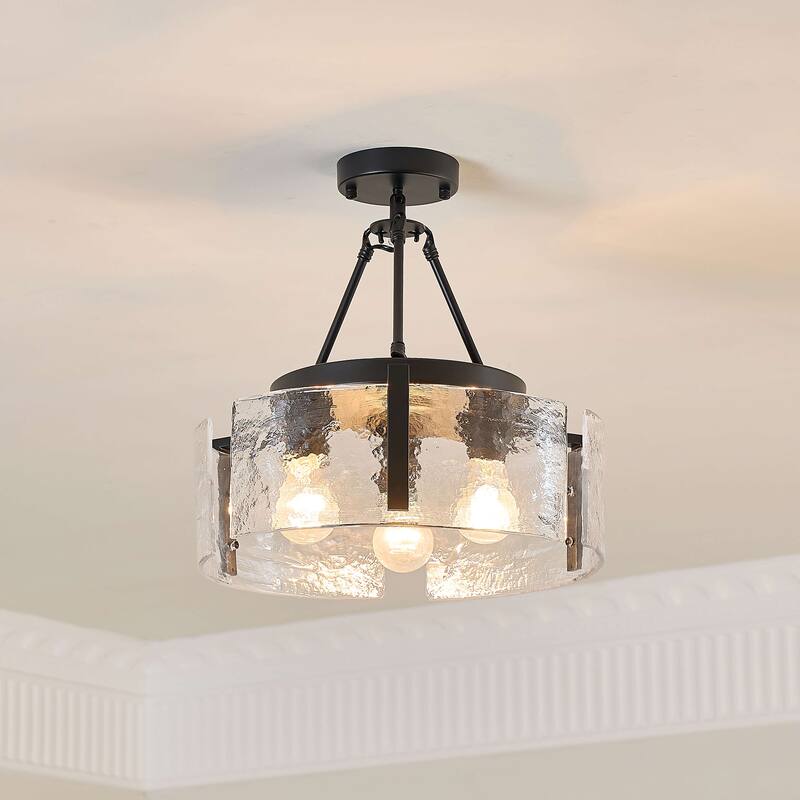 Reina 3-Light Water Textured Glass Panel Drum Semi Flush Mount