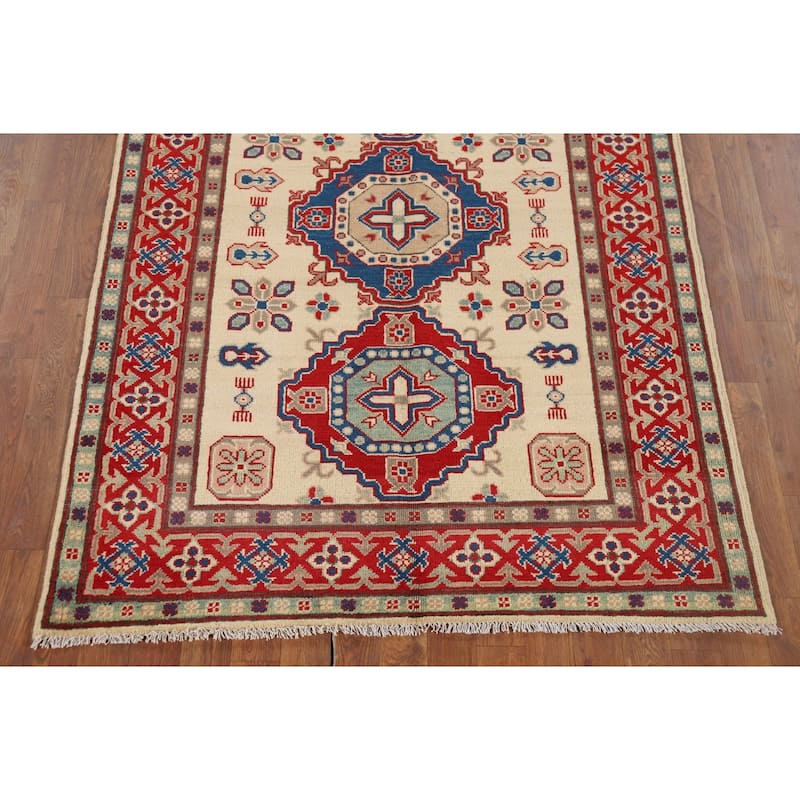 Ivory Geometric Kazak Foyer Rug Handmade Traditional Wool Carpet - 4'1" x 6'0"