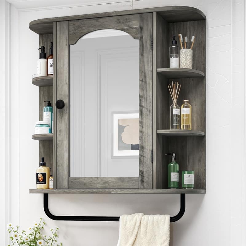 Wall Mounted Bathroom Medicine Cabinet with Mirror Door and Removable Shelf - Grey