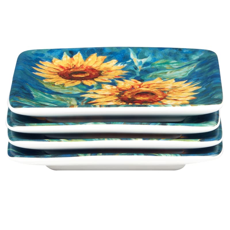 Certified International Golden Sunflowers Set of 4 Canape Plates - 6" x 6" x 0.75"