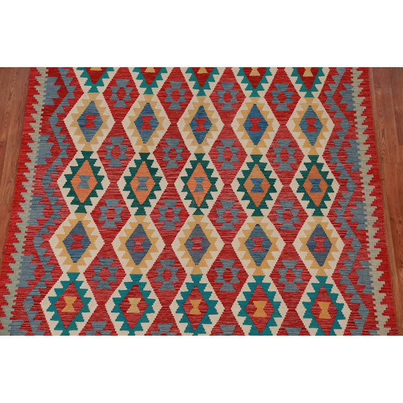 Hand Woven Oriental 100% Wool Carpet Southwestern Geometric Multi-Colored Kilim Area Rug - 8' 4'' X 5' 6''