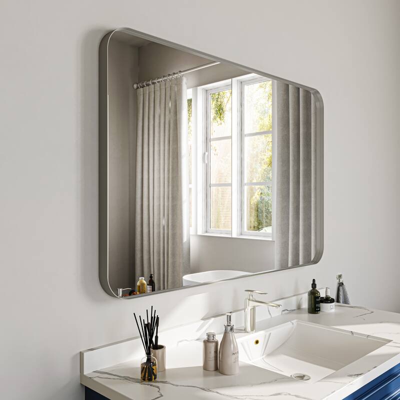 Stylish Rounded Aluminum Framed Bathroom Mirror – Full Length Wall Accent Mirror for Elegant Home Decor - 48"×32" - Brushed Silver