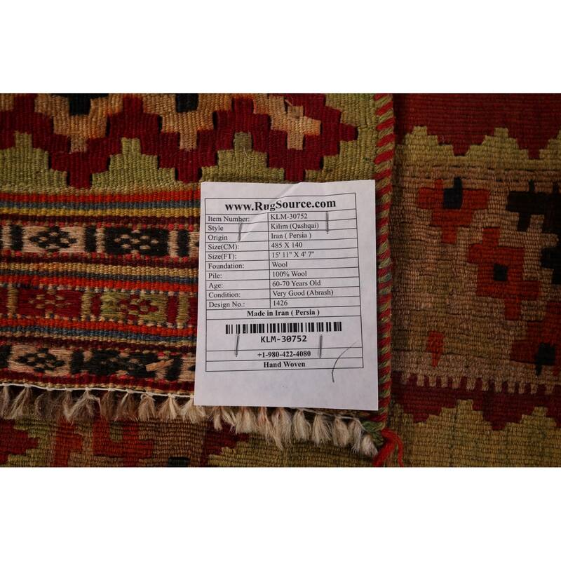 Flatweave Vegetable Dye Kilim Qashqai Persian Antique Runner Rug - 4'7"x 15'11"