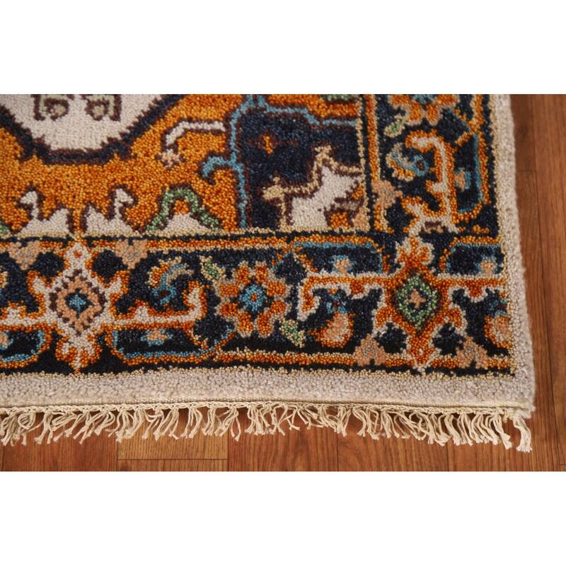 Geometric Beige Heriz Serapi Runner Rug Hand-Knotted Wool Carpet - 2'5"x 8'1"