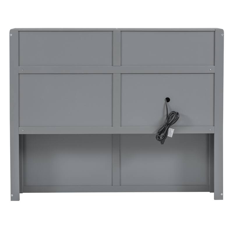 Queen Size Hydraulic Platform Bed with Storage, LED Headboard, Charging Station, and Drawers, Gray