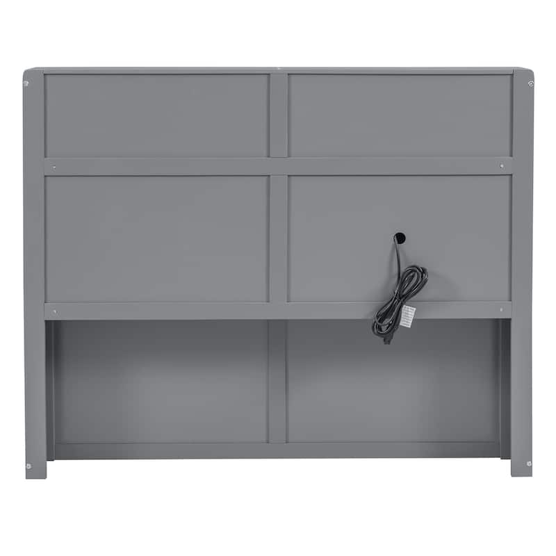Queen Size Wooden Bed with LED Headboard, Charging Station, 2 Drawers