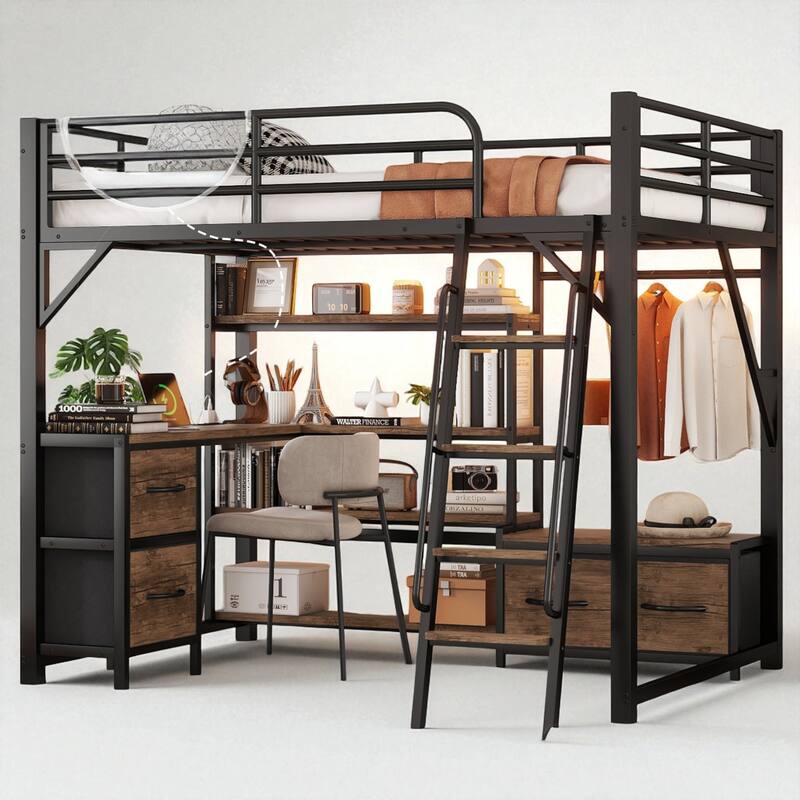 Full/Queen Size Metal Loft Bed with Desk, LED Lights, USB Ports, Shelves, Drawers, and Wardrobe, Black - Black - Full