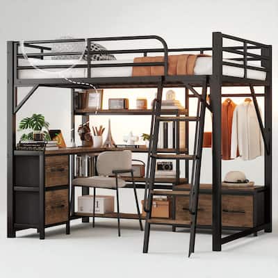 Full/Queen Size Metal Loft Bed with Desk, LED Lights, USB Ports, Shelves, Drawers, and Wardrobe, Black