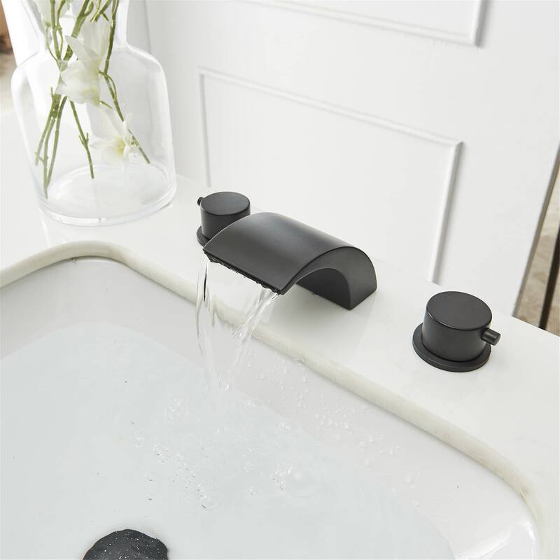 LED Widespread Bathroom Faucet With Drain Assembly 3 Holes Waterfall Bathroom Sink Faucets WIth Light 2 Handle Basin Vanity Tap