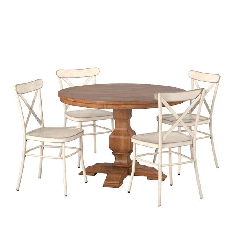 Eleanor 5-Piece Dining Set with Metal X-Cross Back Chairs by iNSPIRE Q Classic - Oak Table - Antique White Chairs