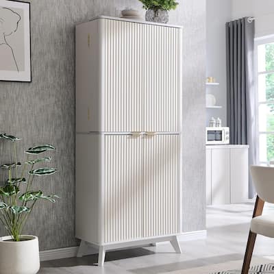 Fluted Pantry Storage Cabinet, Spacious Dual-Zone Wood Organizer