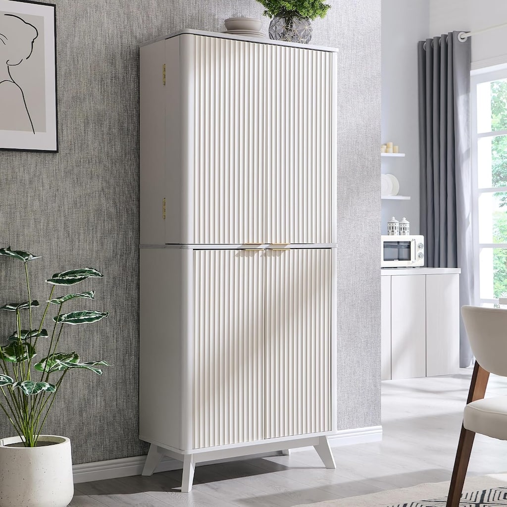 Fluted Pantry Storage Cabinet, Spacious Dual-Zone Wood Organizer