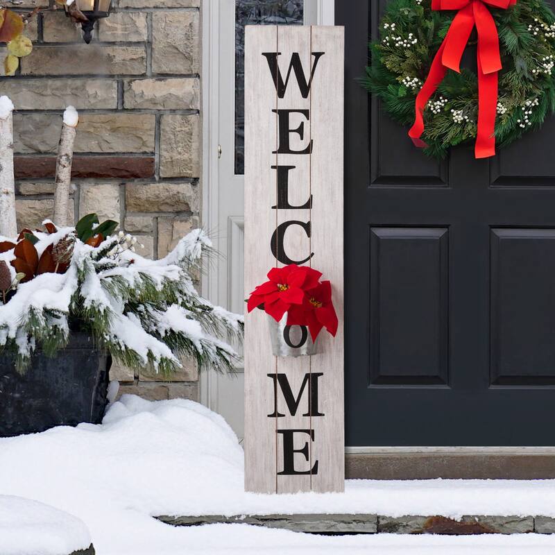 Glitzhome 42-inch Wooden Welcome Porch Sign Wall Decor with Metal Planter - White