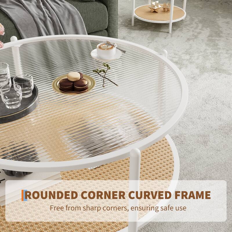 30" Rattan Coffee Table, 2-Tier Round End Table with Storage