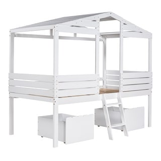 Twin Low Loft House Bed with Frame, Drawers & Safety Guardrails