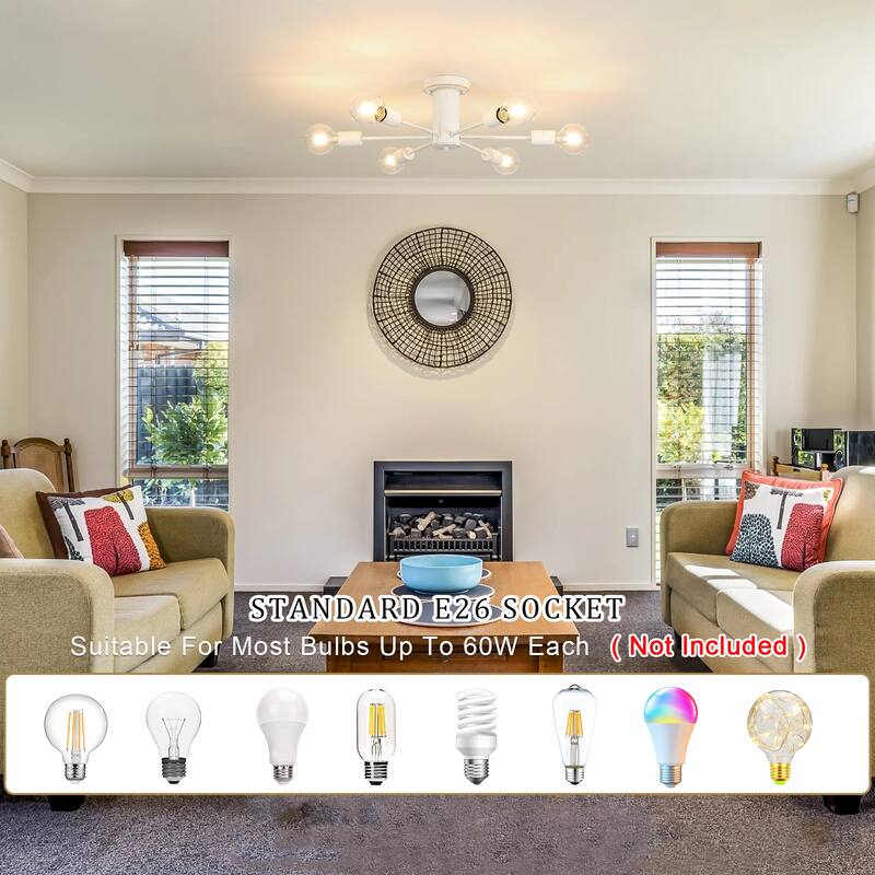 6-Light Mid Century Semi Flush Mount Chandelier for Dining Room