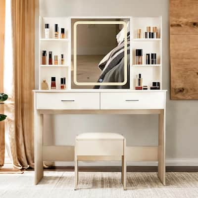 Makeup Vanity with LED Lights, Power Outlet, 2 Drawers, 6 Shelves