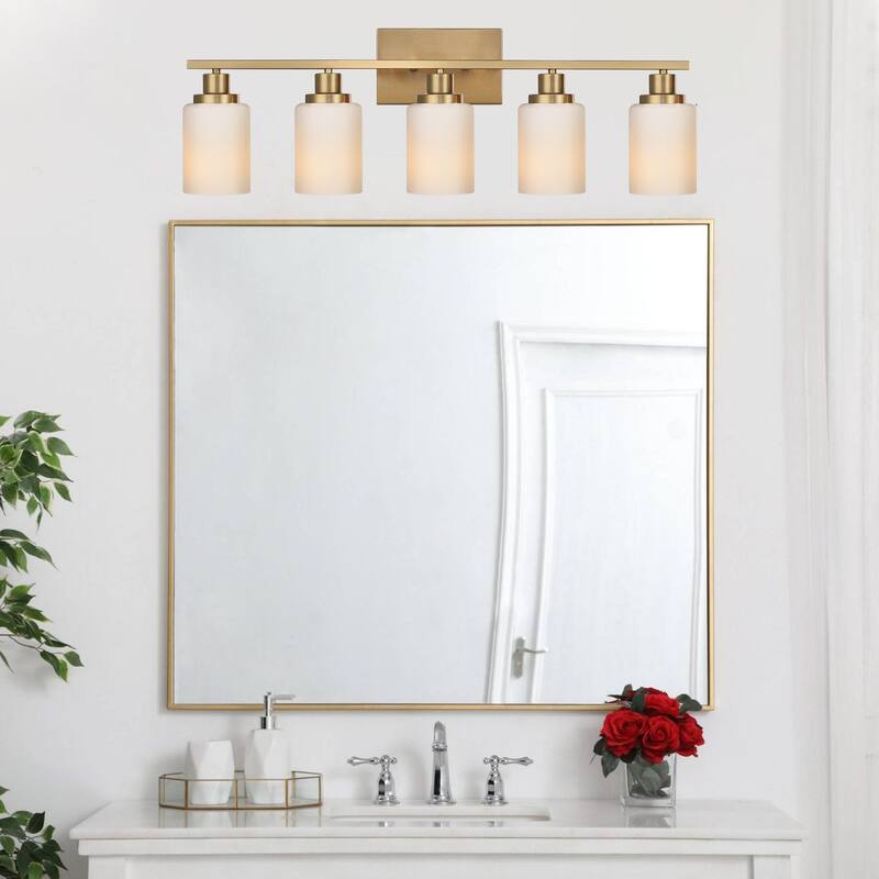 4-Light Bathroom Light Fixtures Brushed Brass 6-Light Bathroom Vanity Light, Bathroom Lights Over Mirror with Milky Glass Shade