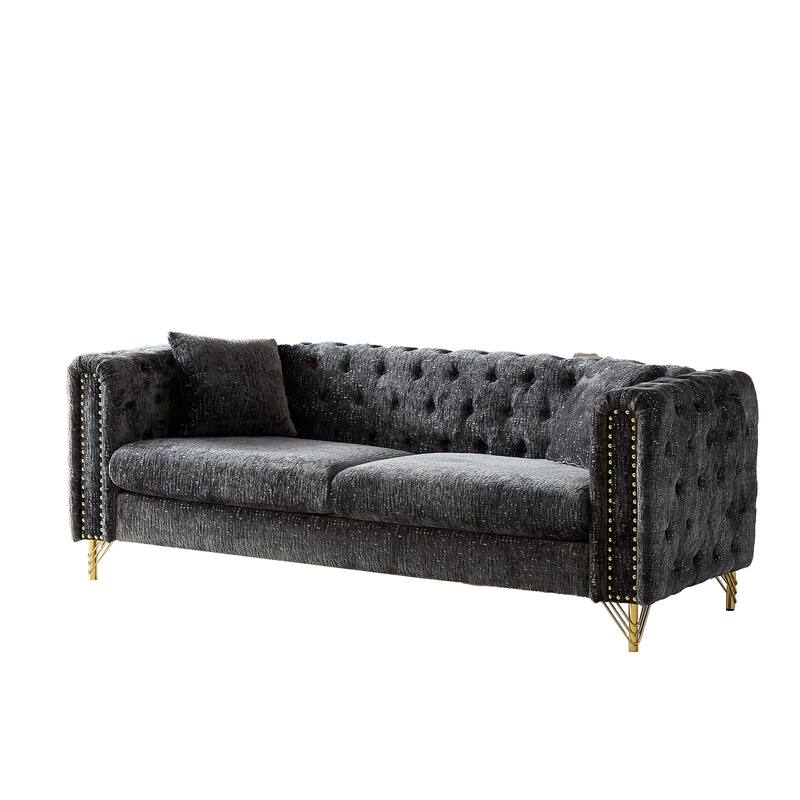 Buttons Tufted Pull Buckle Design Sofa with Copper Nail Decoration Armrest and Metal Legs