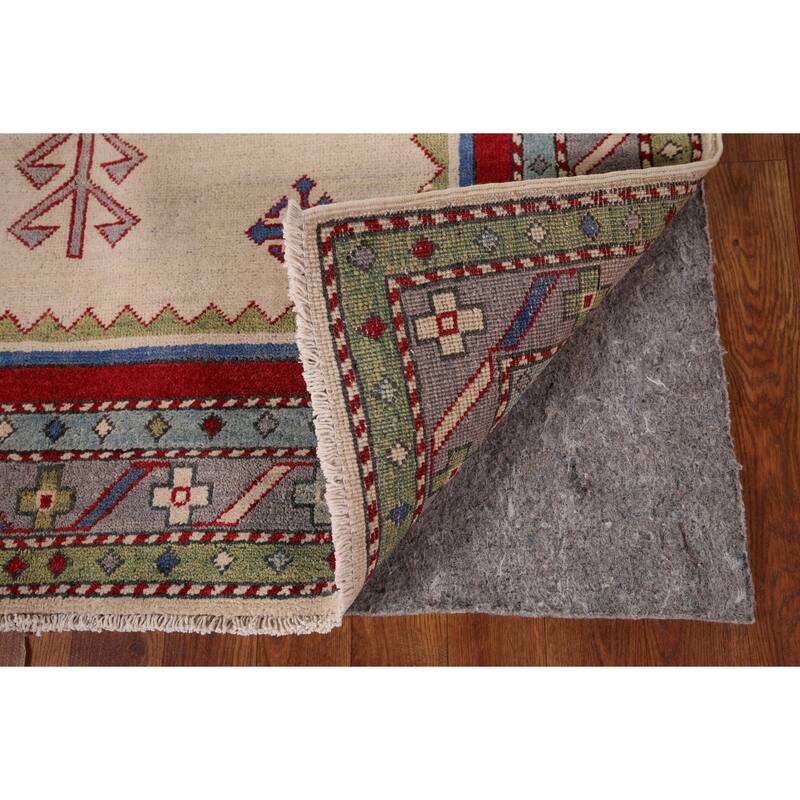 Ivory Geometric Kazak Oriental Area Rug Hand-Knotted Wool Carpet - 4'1" x 5'11"