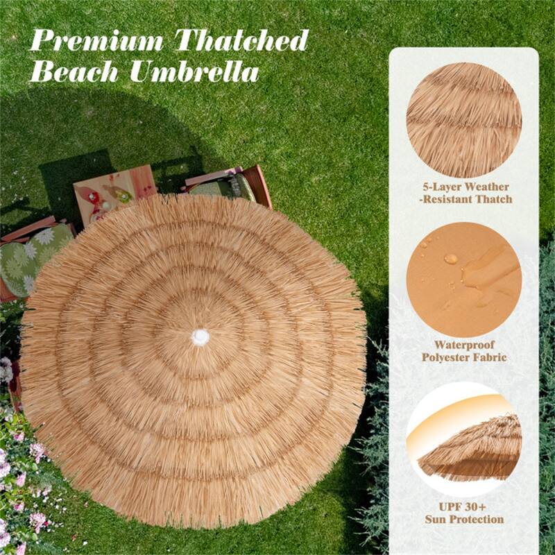 6 ft Portable Thatched Tiki Beach Umbrella with Tilt and Adjustable Height for Patio or Pool