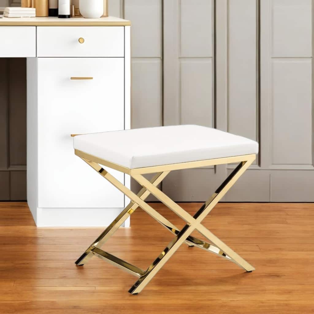 HomeRoots 21" White and Gold Faux Leather Vanity Chair - 20.7 in. x 18.3 in. x 14.37 in.