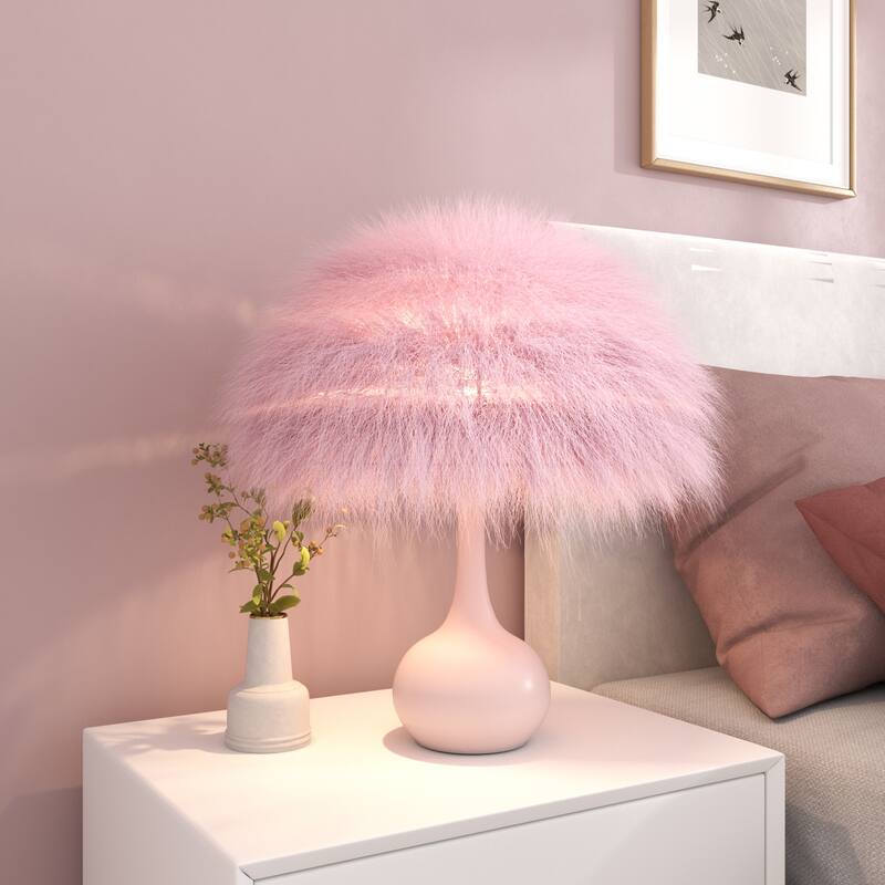 Acroma Teardrop Base Spherical Table Lamp with Feather Accents - Pink