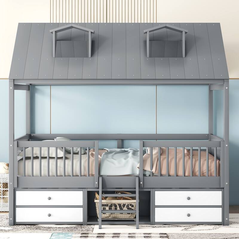 Full Size House Bed Frame with Skylights Ladder and Storage Drawers - Gray