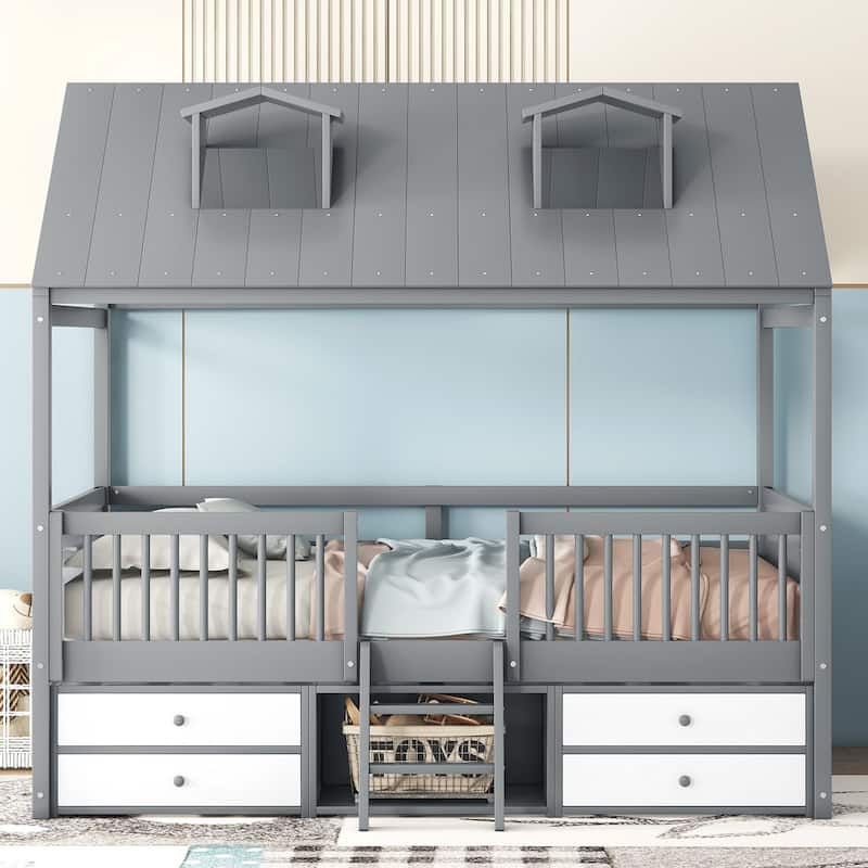 Full Size Wooden House Bed Frame with Roof Skylights, Drawers and Shelves, Kids Playhouse Bed with Ladder, Storage, and Fencing