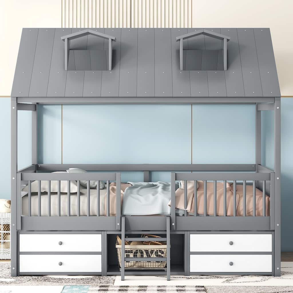 Gray Full Size Wooden House Bed with Fence and Roof for Kids