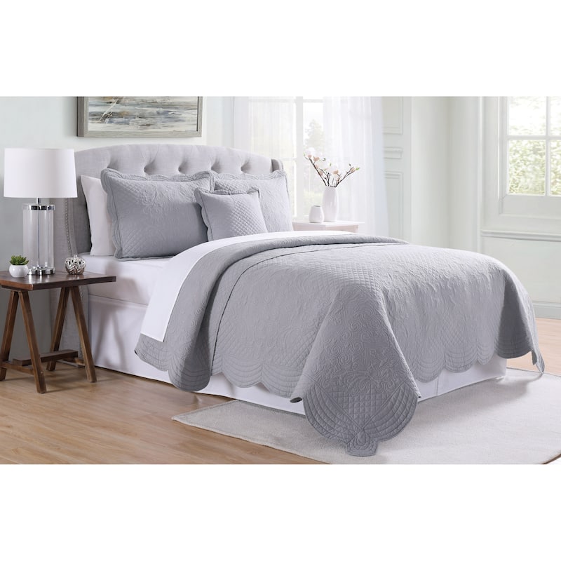 French Tile Scalloped Quilt Set with Decorative Pillow - Grey - Twin