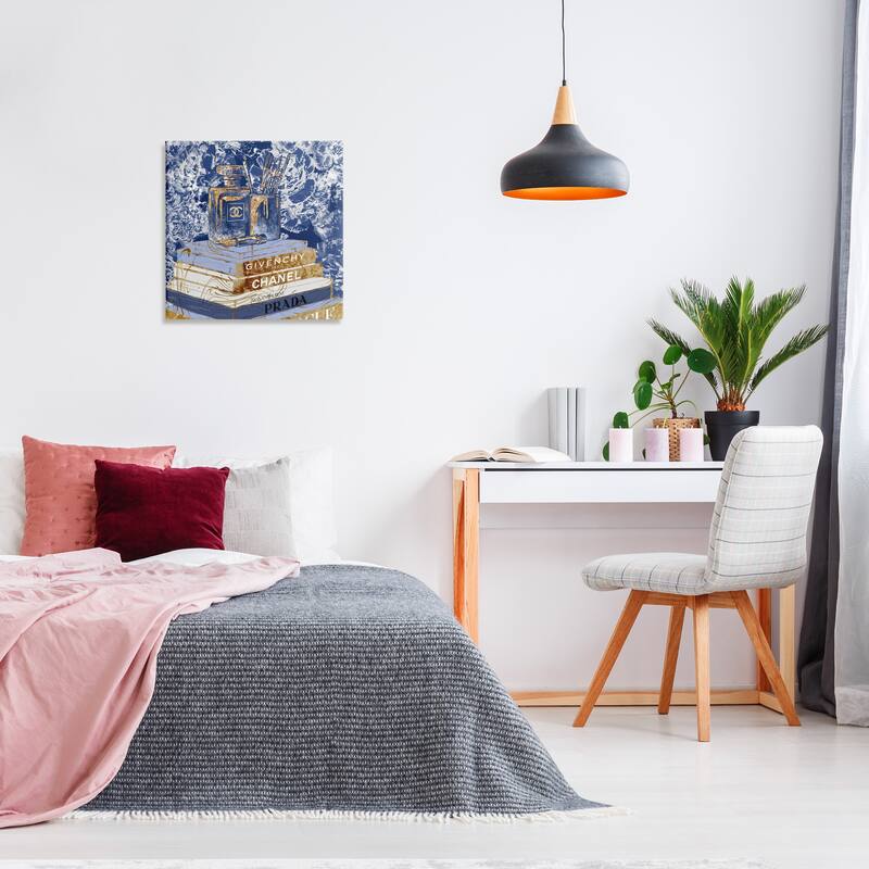 Stupell Fashion Book Pile Glam Designer Accessories Blue Gold Canvas Wall Art