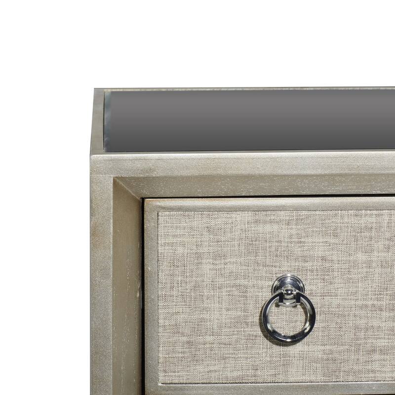 Wooden Upholstered Front Panel 3 Drawer Chest with Mirrored Top and Ring Handles - Beige - Roche River Decor