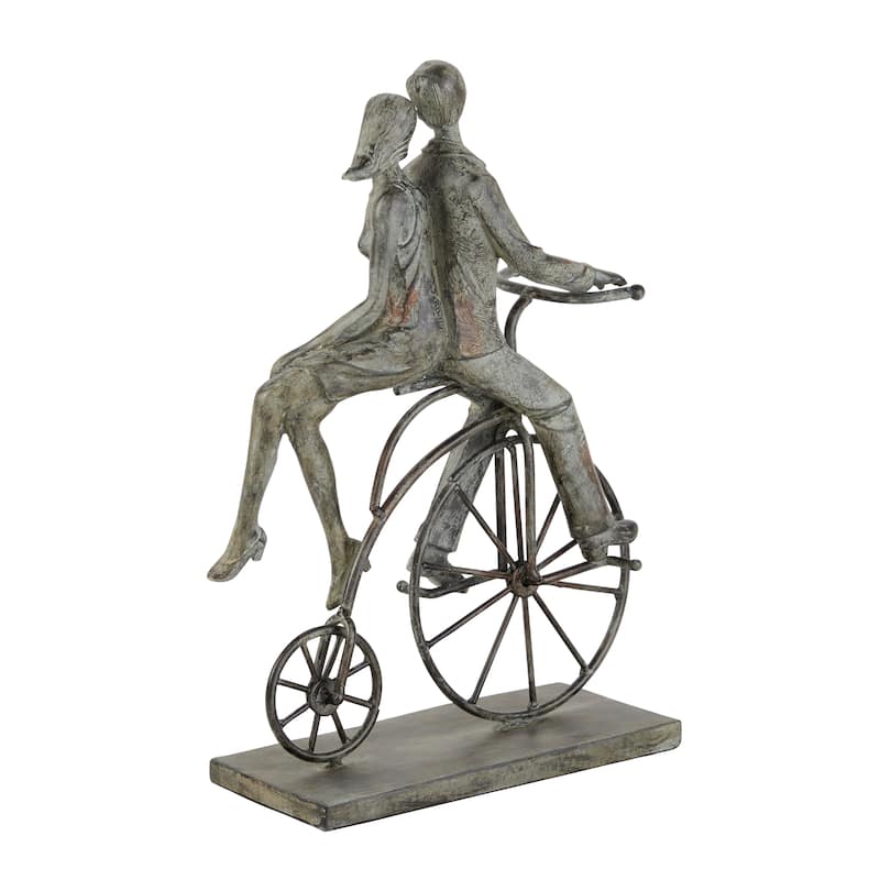 Gray Polystone People Sculpture with Bike - 9 x 5 x 13