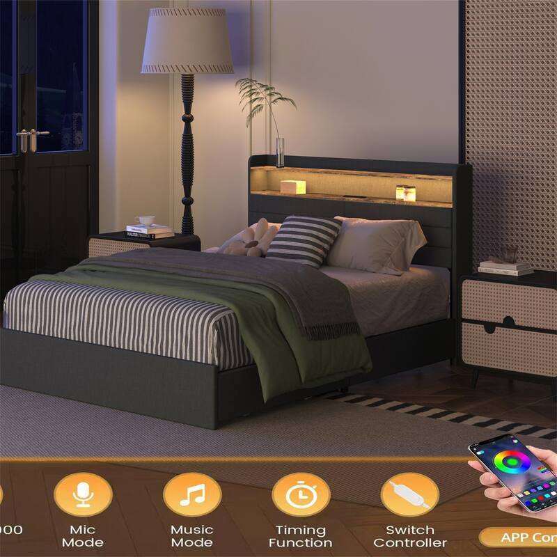 Full/Queen Size LED Upholstered Platform Bed w/ Drawers,Charging Station